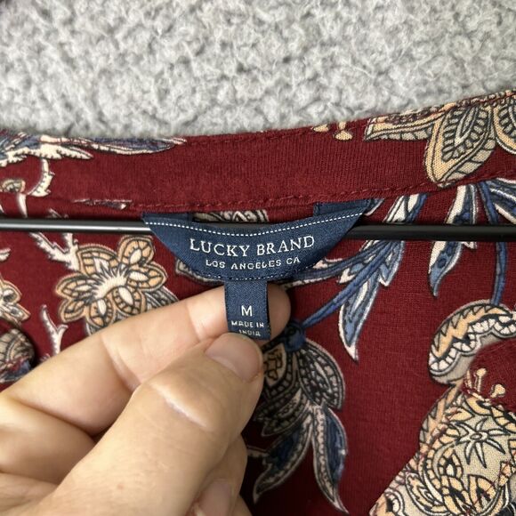 LUCKY BRAND Floral Boho Top Womens Medium Red High Low V Neck Popover Dark Fall - Picture 3 of 12